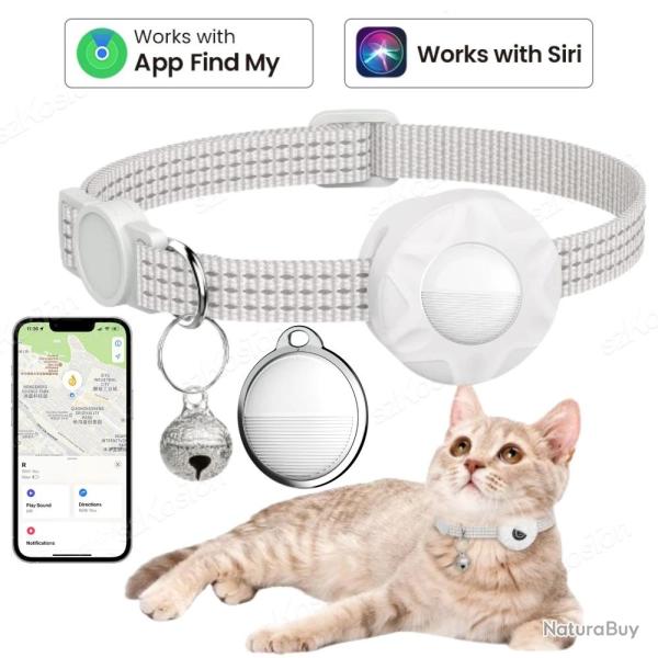 Collier Chat GPS Smart AirTag pour iPhone Apple Find My, Couleur: Blanc