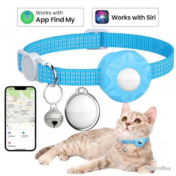 Collier Chat GPS Smart AirTag pour iPhone Apple Find My, Couleur: Bleu