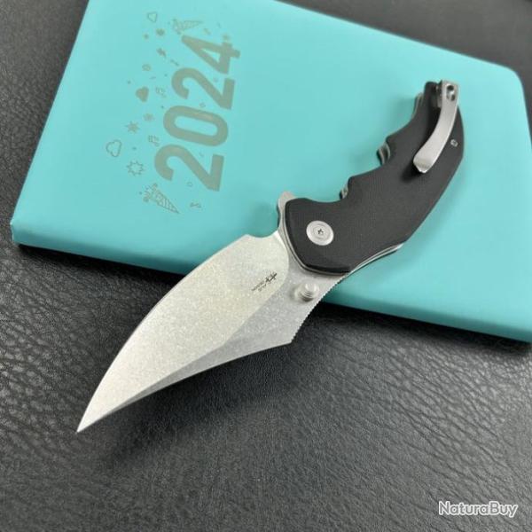 Couteau Kubey Ceto Camping Black Manche G-10 Lame Acier 14C28N Stonewash IKBS Linerlock Clip KUB181A