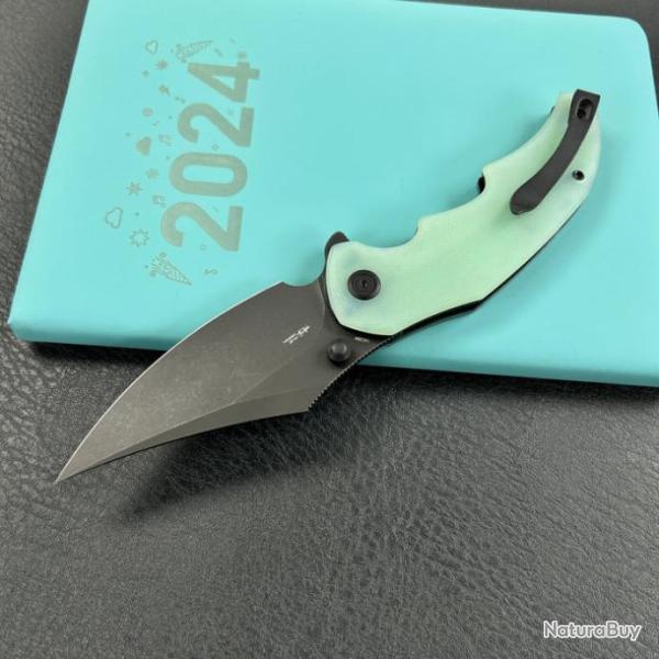Couteau Kubey Ceto Camping Jade Manche G-10 Lame Acier 14C28N BLK IKBS Linerlock Clip KUB181F
