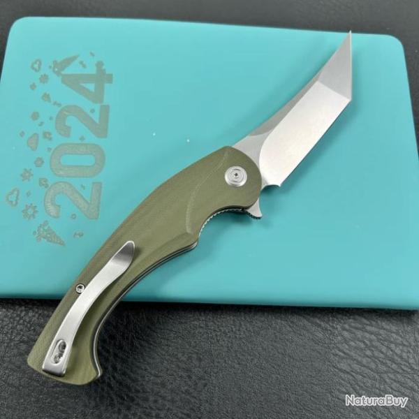 Couteau Kubey Scimitar Green Manche G10 Lame Tanto Acier 14C28N IKBS Linerlock Clip KUB175A