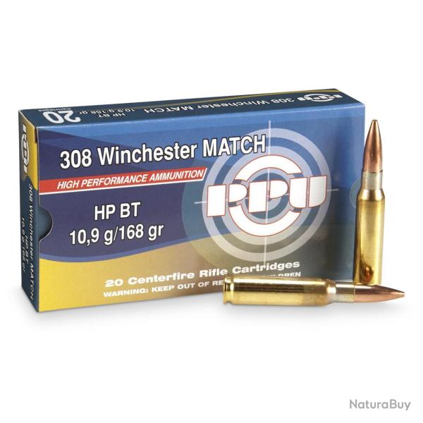 Cartouches PPU Calibre 308 WINCHESTER HPBT MATCH 168grs - Boite de 20 unit�s