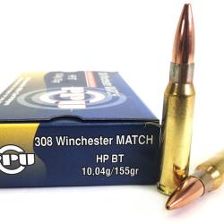 Cartouches PPU Calibre 308 WINCHESTER HPBT MATCH 155grs - Boite de 20 unit&eacute;s