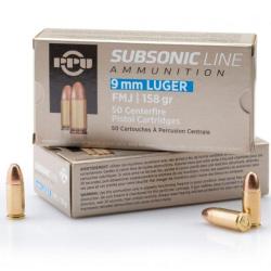 PPU Cartouches 9mm luger Subsonic FMJ 158grs - Boite de 50 unit&eacute;s