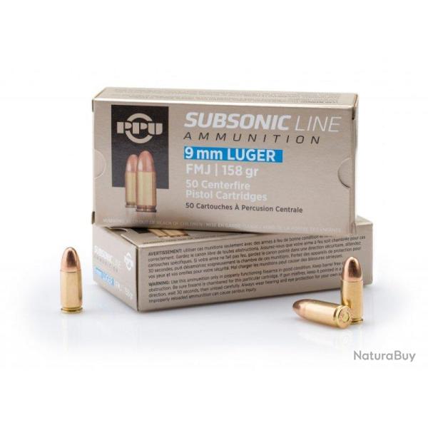 PPU Cartouches 9mm luger Subsonic FMJ 158grs - Boite de 50 unit�s