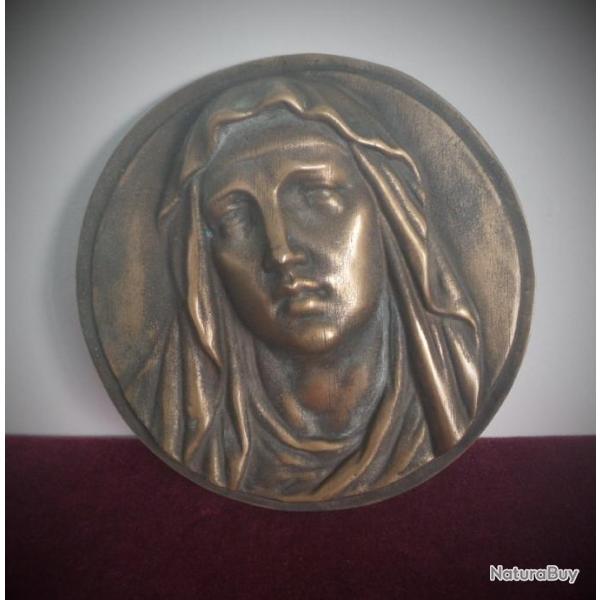 Superbe bas-relief en bronze dor�-M�daille en bronze-Vierge Marie-Virgin Mary