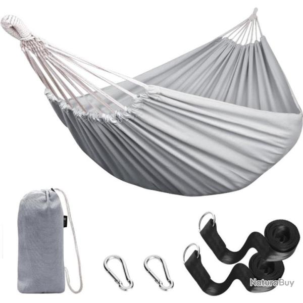 Hamac pour camping, bivouac jardin Charge 300 kg avec Sangles et Mousquetons Gris