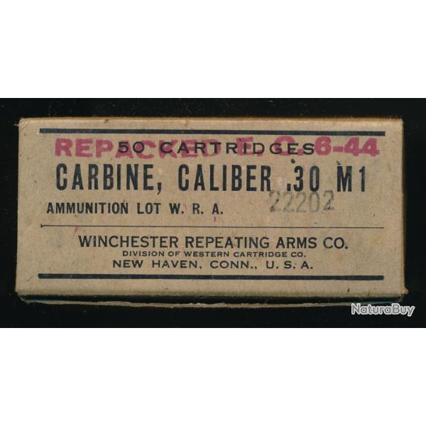 Belle boite vide d'origine , De 50 cartouches 30 carbine USA ww2 1944 par Winchester