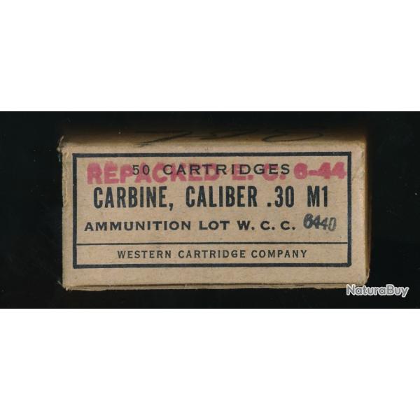 Belle boite vide d'origine , De 50 cartouches 30 carbine USA ww2 1944 par WESTERN Cart. Co Repacked