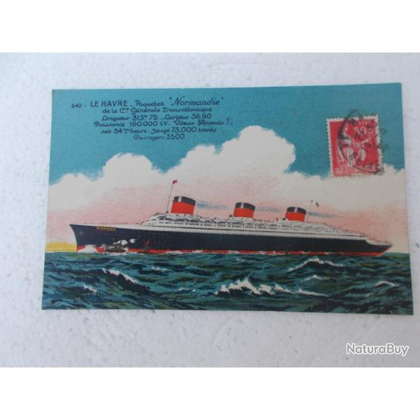 carte postale paquebot NORMANDIE en pleine mer , (ayant voyag�),bon �tat