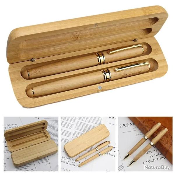 Stylo � bille et � plume en bambou + Coffret bambou personnalisable