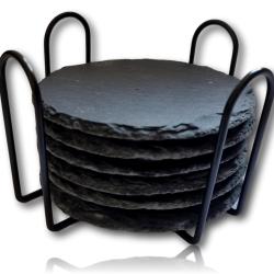 Lot de 6 Dessous de Verre rond 10cm en ardoise avec Support