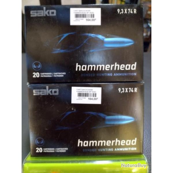 Lot de deux bo�tes de balles sako hammerhead calibre 9.3x74R 18.5g/286gr bomded soft point