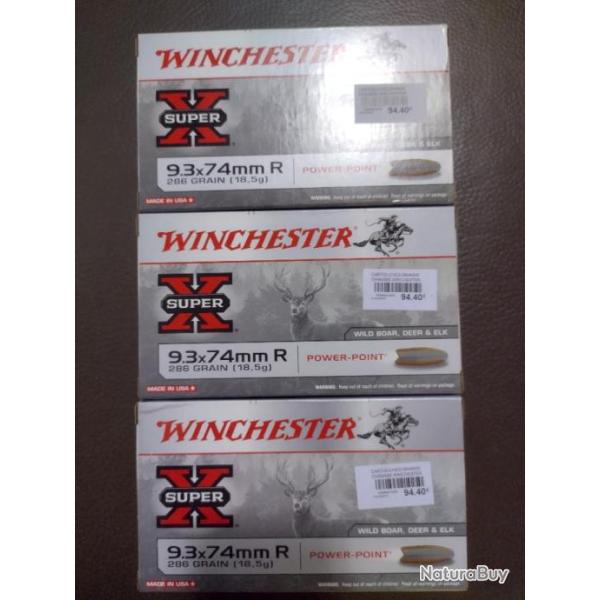 Lot de trois bo�tes de balles winchester power point calibre 9.3x74R 286 grains 18.5g