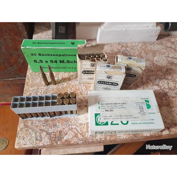 Lot de munitions et douilles tir�es 1 fois  6.5x54 MS