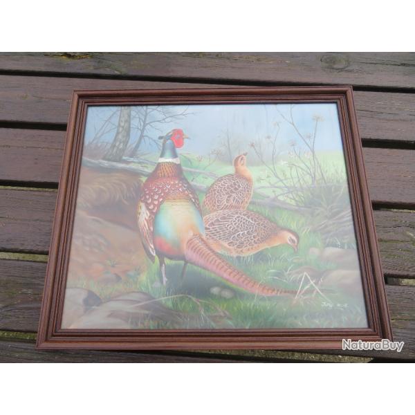 Toile peinte en Pigments sur soie reprsentant"Coq faisant et poules faisanes dans un sous-bois(XX)