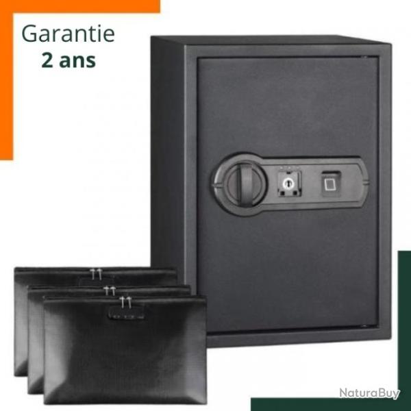 Coffre fort pour arme de poing - Ouverture avec empreinte digitale et cl� - 3 sacs ignifuges offerts