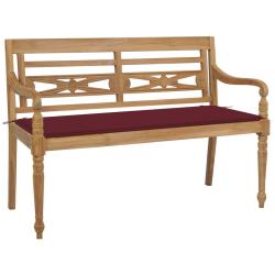 Banc de jardin meuble de patio d'ext&eacute;rieur terrasse avec coussin bordeaux 120 cm bois de teck massi