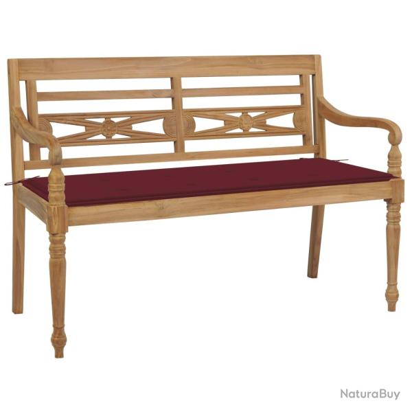 Banc de jardin meuble de patio d'ext�rieur terrasse avec coussin bordeaux 120 cm bois de teck massi