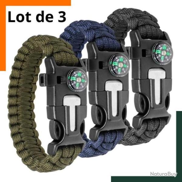 Lot de 3 bracelets de survie avec boussole int�gr�e, allume-feu, corde, sifflet d'urgence et couteau