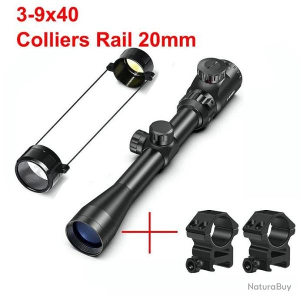 Lunette de Vise 3-9X40 EG Rticule Vert-Rouge Colliers Rail 20mm Tir Tactique Airsoft Loisir