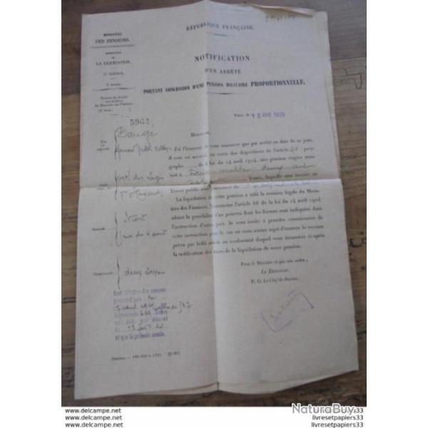 NOTIFICATION PENSION MILITAIRE 1925 Mal Des Logis 7e Hussards Fernand Dang�