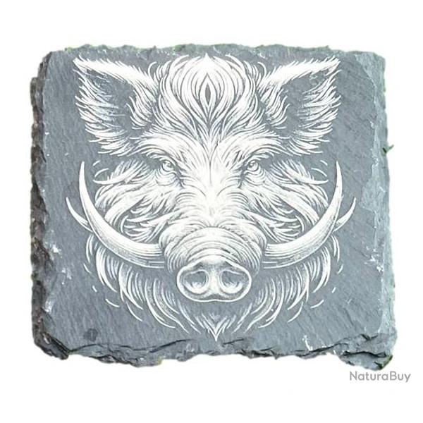 Dessous de verre carr� x8 en ardoise de 10 cm t�te de sanglier