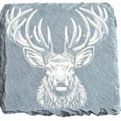 Dessous de verre carr&eacute; x4 en ardoise de 10 cm t&ecirc;te de cerf
