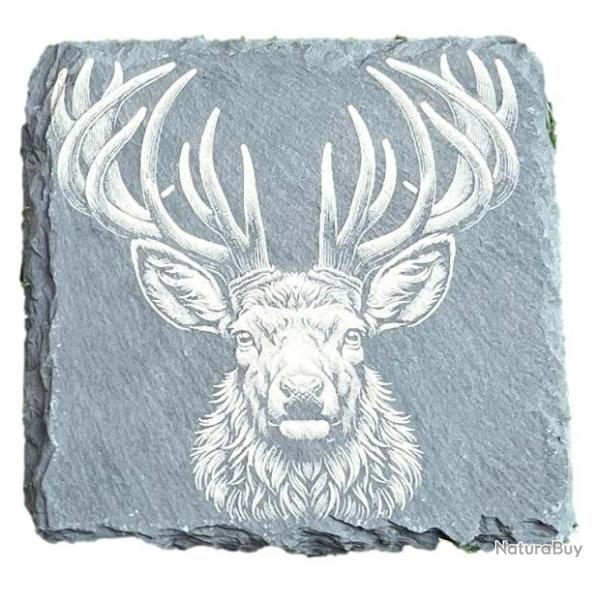 Dessous de verre carr� x4 en ardoise de 10 cm t�te de cerf