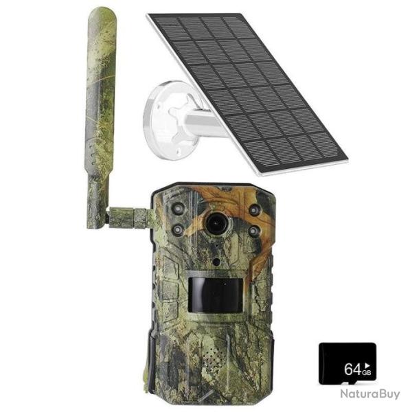 Cam�ra Chasse 14MP 4G Mem 64Go Solaire Etanche PIR Cam�ra Vision Nocturne 30m D�tection Surveillance