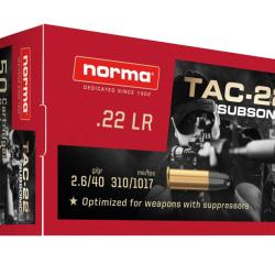 Cartouches Norma 22LR 2.6G/40GR TAC-22 Subsonic Hollow Point (Sp&eacute;cial Silencieux)Boite de 50 20 boit