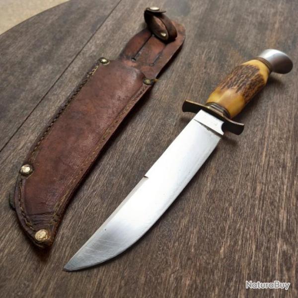 Ancien et Grand Couteau de Chasse SABATIER avec �tui en cuir Manche en Bois de Cerf