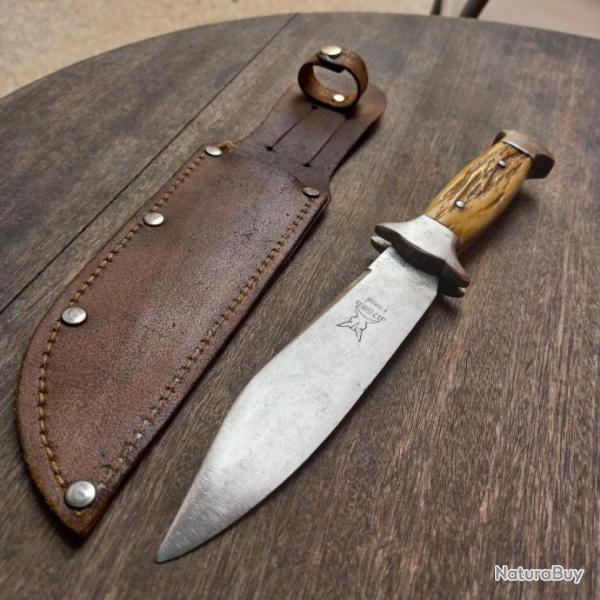 Ancien Couteau de Chasse FORG� LES 2 DIABLES avec �tui en cuir Manche en Bois de Cerf