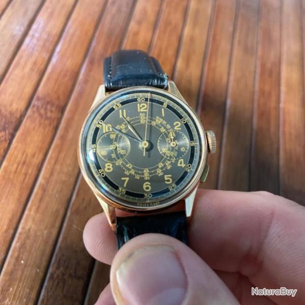 BELLE MONTRE CHRONOGRAPHE SUISSE MADE VINTAGE EN OR 750 18k 1940-50  COLLECTOR