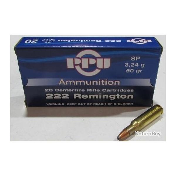 lot de 5 boites neuve de 20 cartouches Partizan  de calibre 222 Remington, 50 grains , SP Soft Point