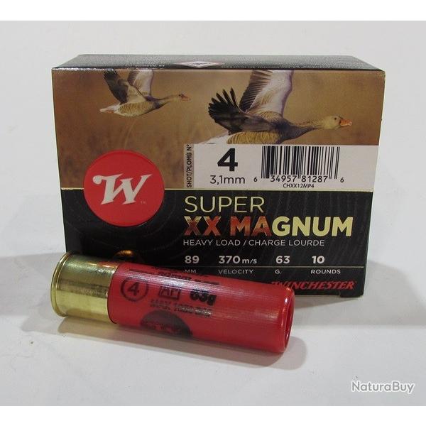 1 boite de 10 cartouches Winchester Super Magnum XX , cal 12/89  bourre jupe , 63 grammes, Numero 4