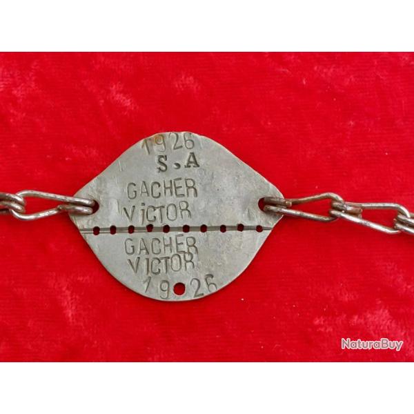 Plaque d'identit� soldat fran�ais WW2 GACHER VICTOR