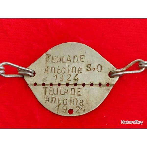 Plaque d'identit� soldat fran�ais WW2 TEULADE ANTOINE