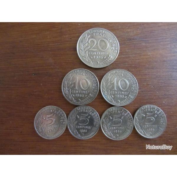 Lot 7 pi�ces centimes de franc 1976-1998