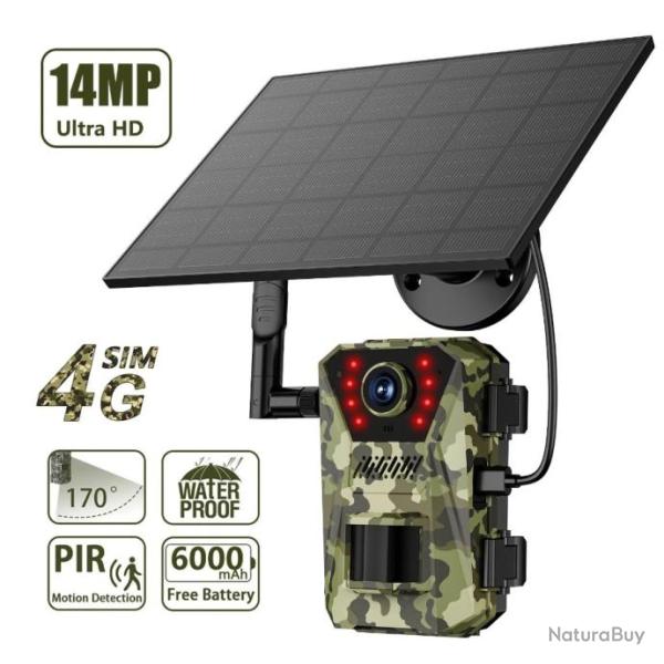 Cam�ra de Chasse Solaire Etanche PIR Vision Nocturne Infrarouge 940nm 20m 14MP 4G