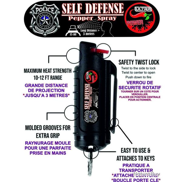 A�rosol de d�fense lacrymog�ne Gaz Format porte cl� 15 ml NOIR - NAJA