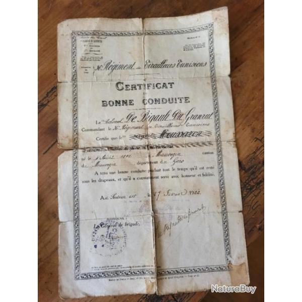 36�me R. Tirailleurs Tunisiens Certificat de bonne conduite SGT Moussaron ww1