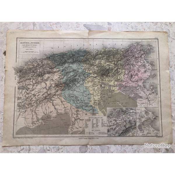 PLAN 1886 g�ographique couleur ALGERIE TUNISIE carte physique politique, extrait Atlas Drioux Leroy