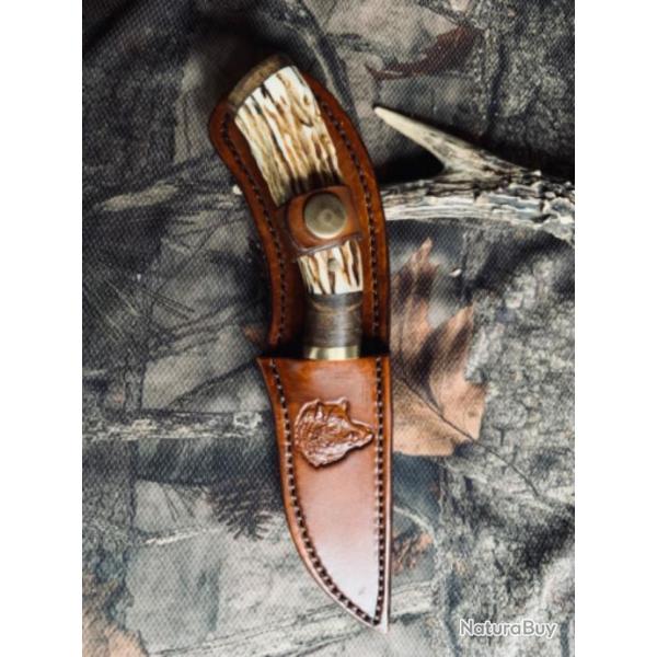 couteau de chasse d'artisan / bois de cerf �b�ne marbr� ( 3 )