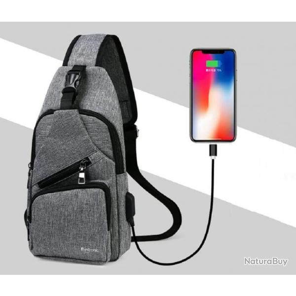 Sac � Dos � Bandouli�re Sacoche Chargement USB V�lo Course P�che Camping Randonn�e Voyage Gris