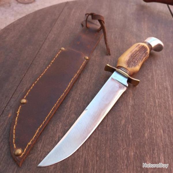 Magnifique et Grand Couteau de Chasse SABATIER avec �tui en cuir Manche en Bois de Cerf