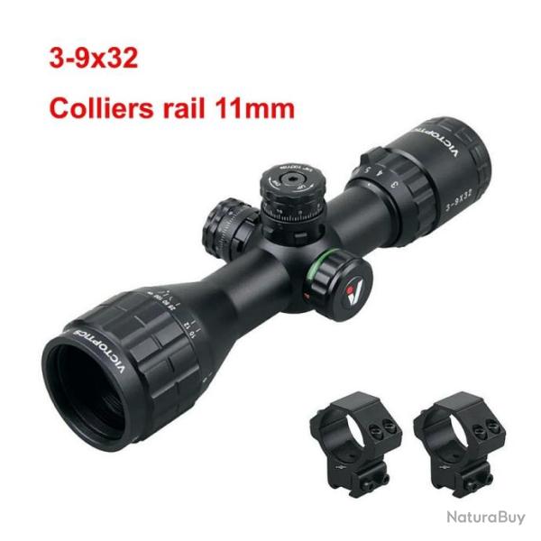 Lunette de vis�e C3 3-9x32 SFP R�ticule R/V +Colliers Rail 11mm Chasse Battue Tactique VictOptics