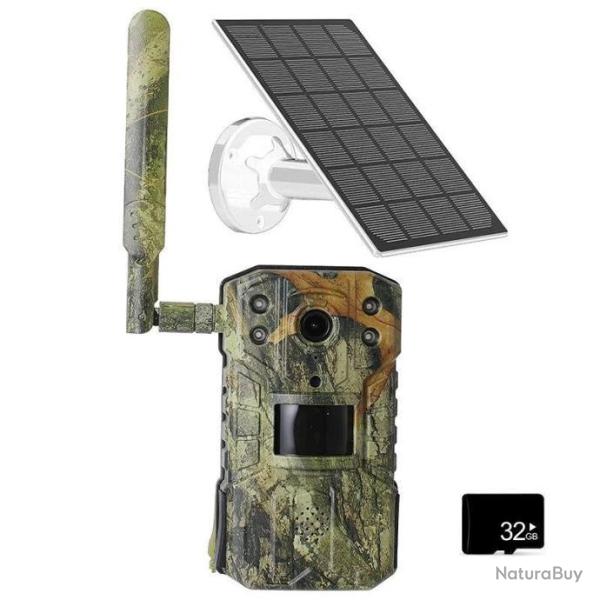 Cam�ra Chasse 14MP 4G Mem 32Go PIR Solaire Etanche Cam�ra Vision Nocturne 30m D�tection Surveillance