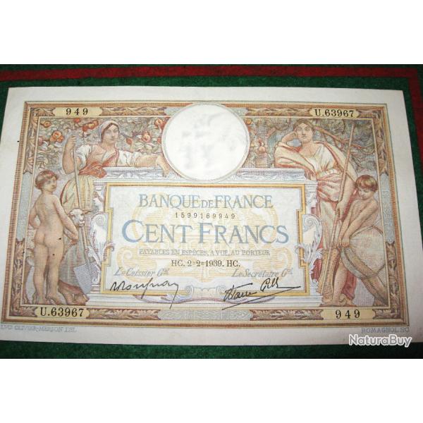 cent francs Olivier Merson du 2-2-1939 TTB+