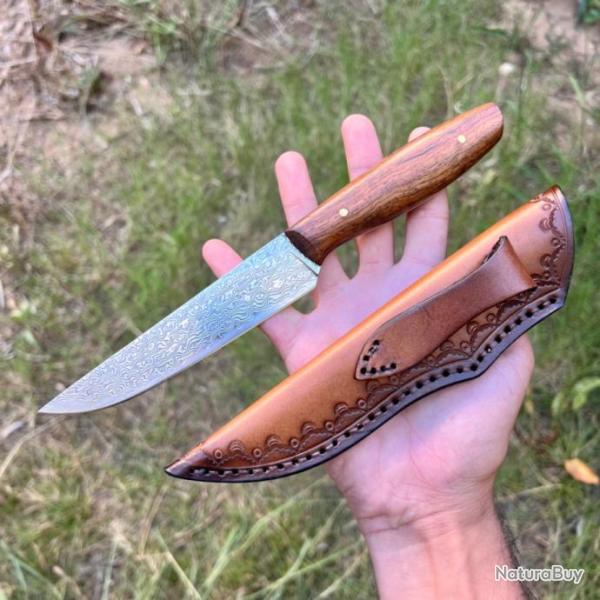 Couteau de bouche lame acier damas avec �tui cuir